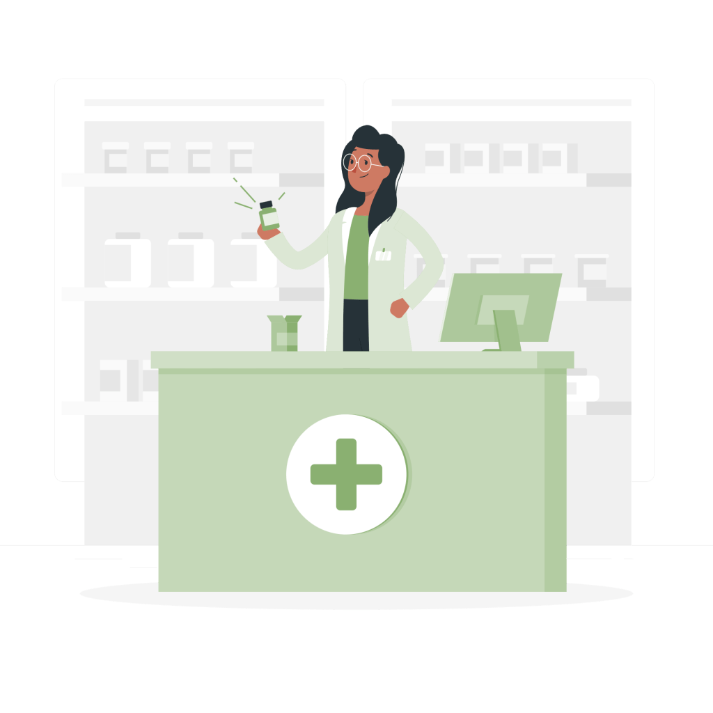 Illustration of a pharmacist standing at a counter, symbolizing the convenience of NHS prescription delivery services.
